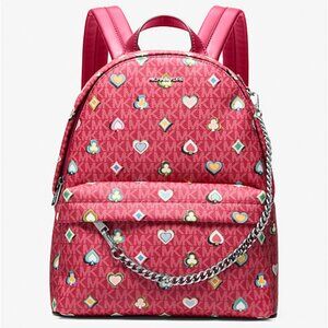 New Michael Kors Slater Medium Printed Signature Logo Backpack Dark Raspberry